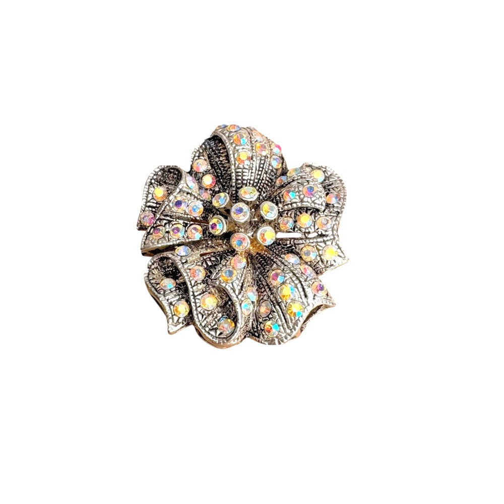 Vintage‎ Aurora Borealis Rhinestone Ribbon Brooch Pin Open Work Silver Tone